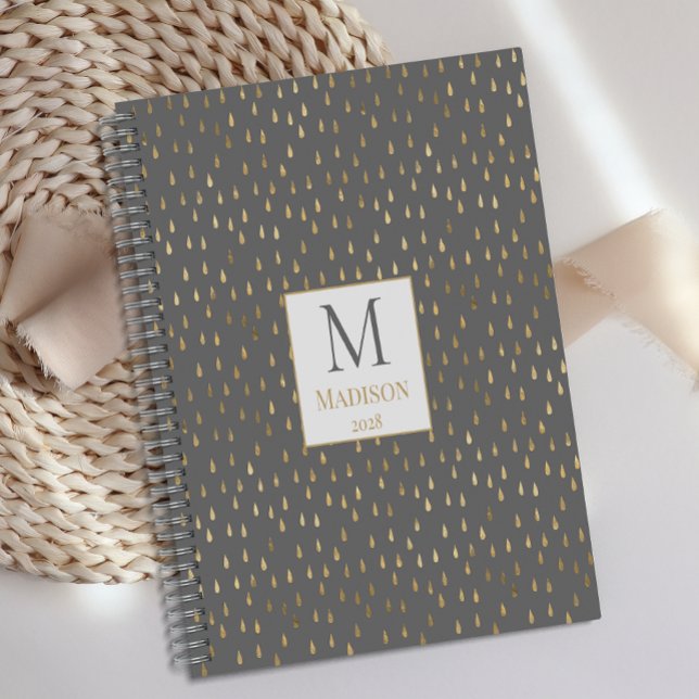 Gray Gold Raindrop Moderne Monogramme tendance (Créateur téléchargé)