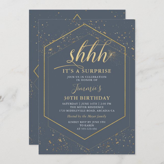 Gray Gray Gold Surprise Invitation d'anniversaire (Devant / Derrière)