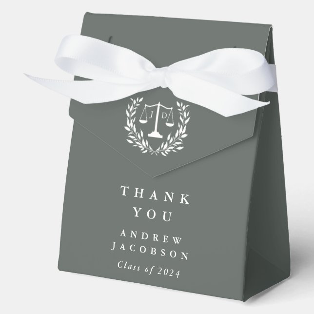 Gray-Green JD Law Scales+Laurel Graduation Favor Box (Front)