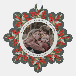 Gray-Green Red Berries+Greenery Christmas Paper Ornament Card