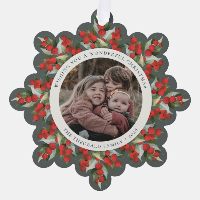 Gray-Green Red Berries+Greenery Christmas Paper Ornament Card (Front)