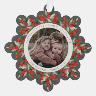 Gray-Green Red Berries+Greenery Holiday Paper Ornament Card