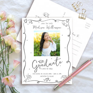 Gray Hand Drawn Doodles Save the Date Grad Photo Invitation Postcard