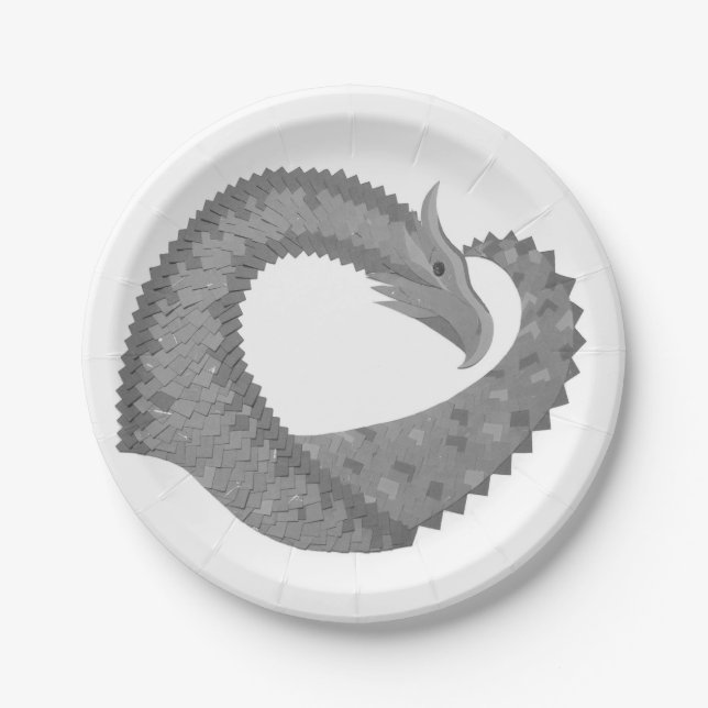 Gray heart dragon on white paper plate (Front)