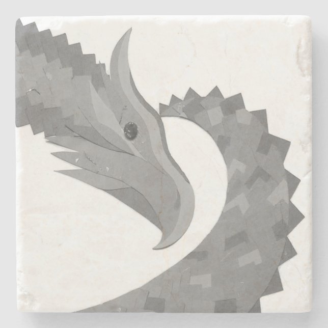 Gray heart dragon on white stone coaster (Front)