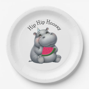 Gray Hippo Watermelon Birthday Paper Plate