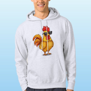 Gray Hoodie for Him with Cute Rooster and Glasses 