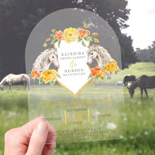 Gray horses and yellow roses monogram wedding arch acrylic invitations