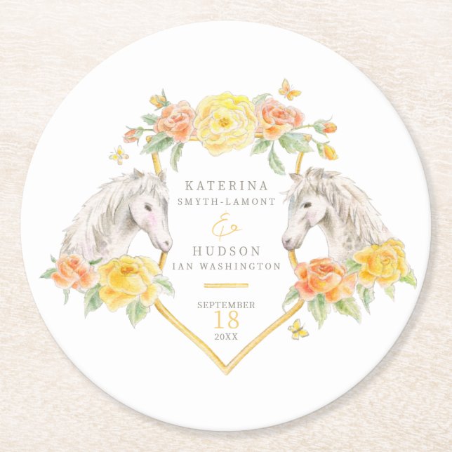 Gray horses and yellow roses monogrammed wedding round paper coaster (Front)