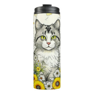 Gray Kitty Cat Sitting in Flowers  Thermal Tumbler