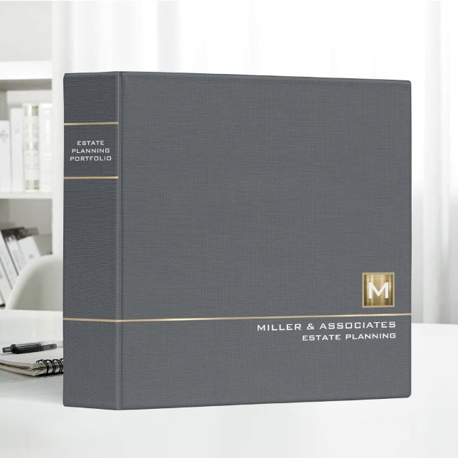 Gray Linen Gold Logo Monogram Estate Planning Binder (Creator Uploaded)