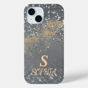 Gray marble chic gold glitter monogram iPhone 15 case
