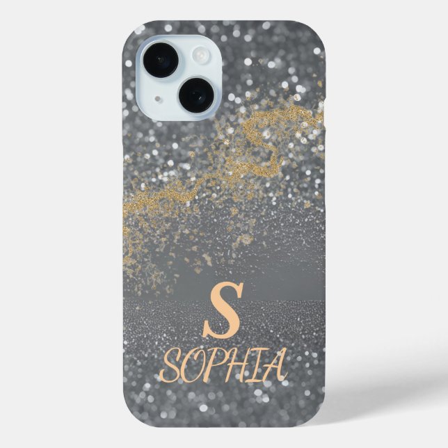 Gray marble chic gold glitter monogram Case-Mate iPhone case (Back)