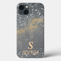 Gray marble chic gold glitter monogram