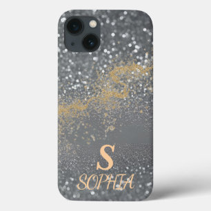 Gray marble chic gold glitter monogram iPhone 13 case