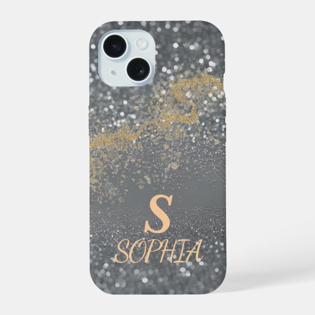 Gray marble chic gold glitter monogram iPhone 15 case (Back)
