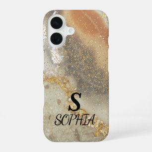 Gray marble chic gold glitter monogram iPhone 16 case