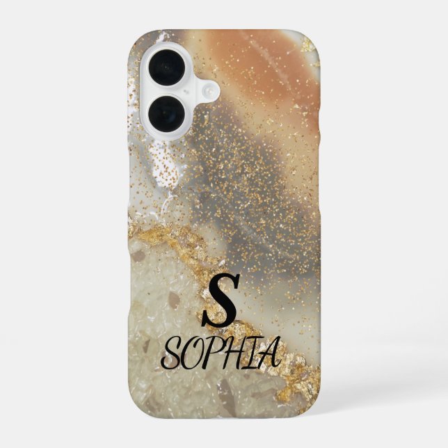 Gray marble chic gold glitter monogram iPhone 16 case (Back)