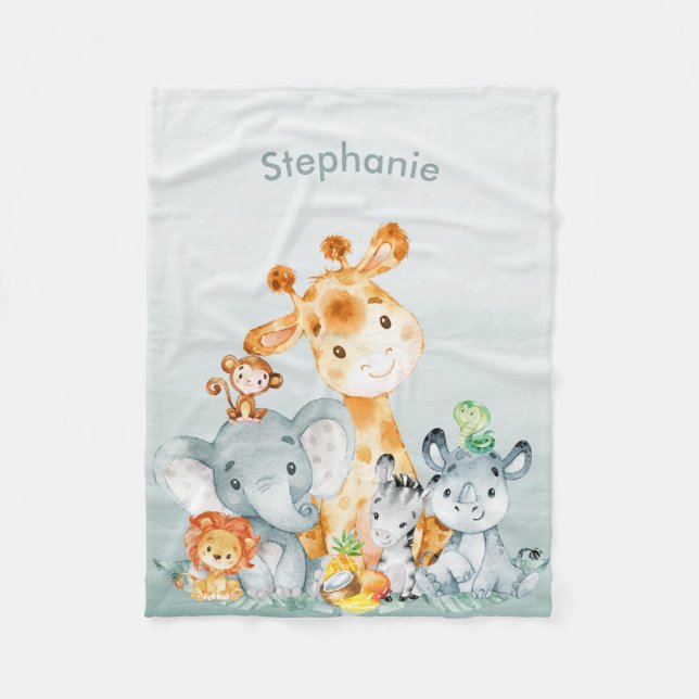 Gray Mint Watercolor Cute Safari Jungle Animals Fleece Blanket (Front)