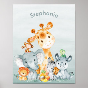 Gray Mint Watercolor Cute Safari Jungle Animals Poster