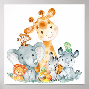 Gray Mint Watercolor Cute Safari Jungle Animals Poster