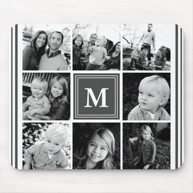Gray Monogram Family Photo Collage Mouse Pad (Front)