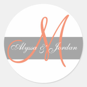 Gray Orange Monogramme Noms Mariage Favor Sticker