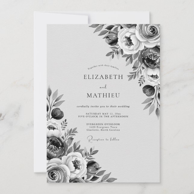 Gray Painterly Blossom Wedding Invitation (Front)