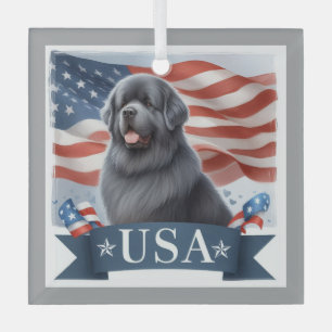 Gray Patriotic Newfoundland Dog Square Glass Ornament