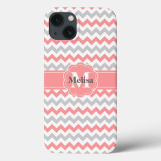 Gray pink chevron zigzag monogram pattern iPhone 13 case