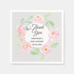 Gray & Pink Floral Wreath Thank You Baby Shower Napkin