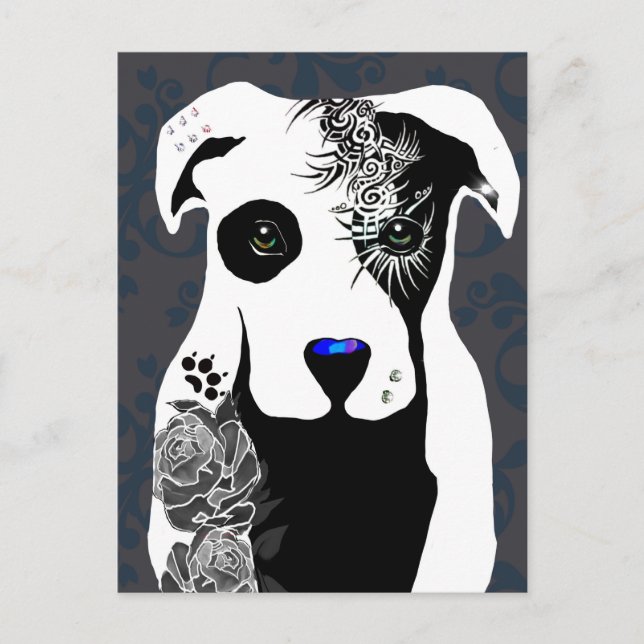 Gray Pit bull dog tattoos and piercing rose  Postcard (Front)