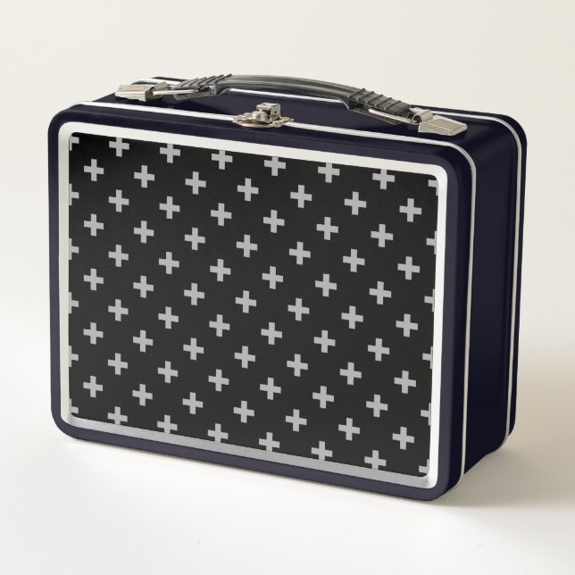 Gray polka crosses on black metal lunch box (Front)