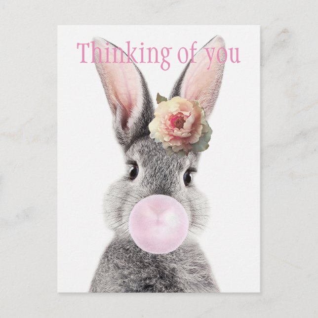 Gray rabbit blowing bubble gum with anemone flower postcard (Front)
