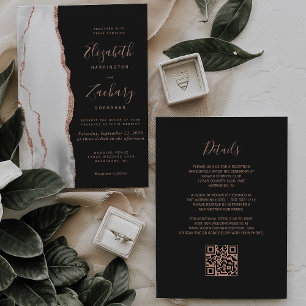 Gray Rose Gold Agate Slate Black QR Code Wedding Invitation