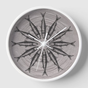 Gray Sardine Drawing Sketch Fish Pattern Clock