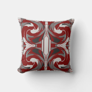 Gray Shades on Dark Red Floral Large Tile Design Throw Pillow