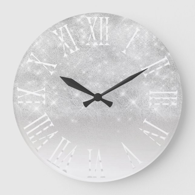 Gray Silver Glitter Ombre White Spark Princess Large Clock (Front)
