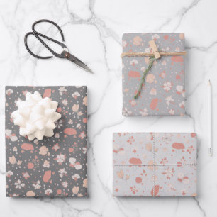 Gray Sketched Flowers Wrapping Paper Sheet
