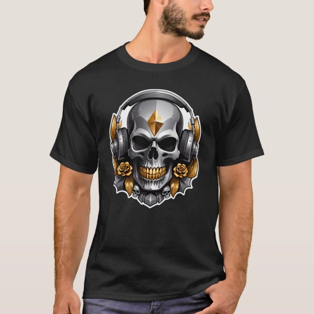 Gray Skull Gold Flowers with Headphones T-Shirt (Front)