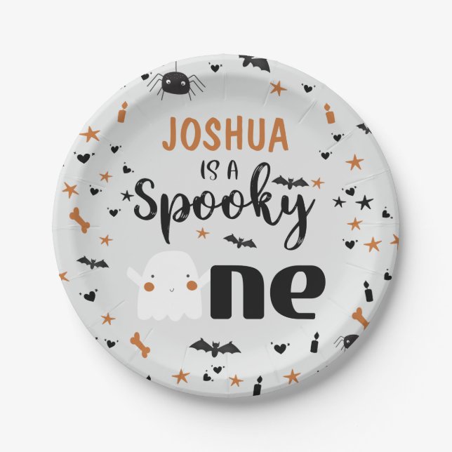 Gray Spooky One Halloween 1st Birthday Paper Plate (Front)