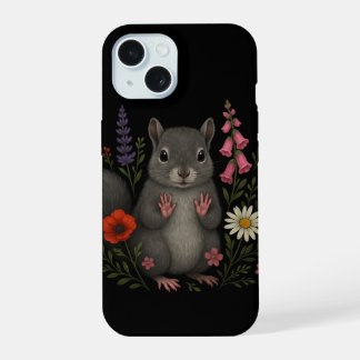 Gray Squirrel Among the Flowers – Dark Cottagecore iPhone 15 Case