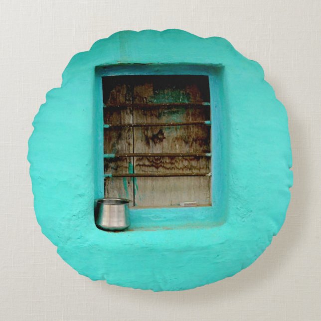 GRAY STEEL CONTAINER ON WINDOW WITH TEAL PAINT ROUND PILLOW (Front)