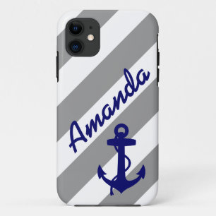 GRAY STRIPES BLUE ANCHOR NAME MONOGRAM iPhone 11 CASE