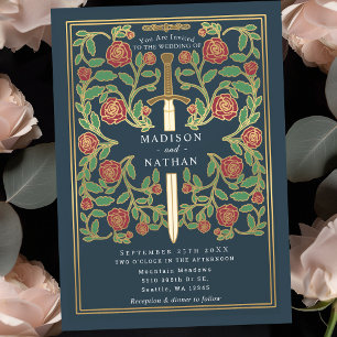 Gray Sword Floral Medieval Fantasy Wedding Invitation