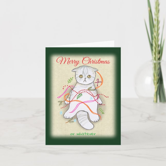 Gray Tabby Scottish Fold Grumpy Upset Cat Holiday Card (Front)