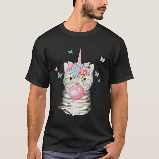 Gray Tabby Tiger Cat With Bubblegum Unicorn Happy  T-Shirt (Front)