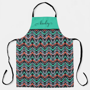 Gray, Teal, And Coral Hand Drawn Chevron Pattern Apron