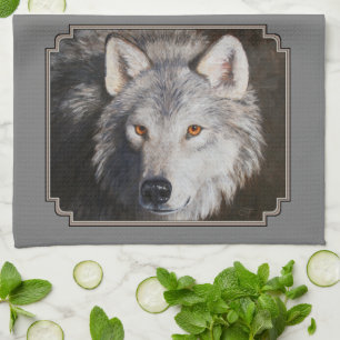 Gray Timber Wolf Face Portrait Kitchen Towel