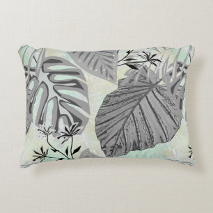 Gray tropical leaves and flowers. accent pillow